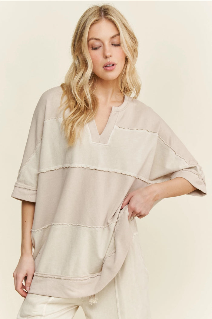 Natural Mineral Washed V-Neck Striped Contrast Shirt by J. Her