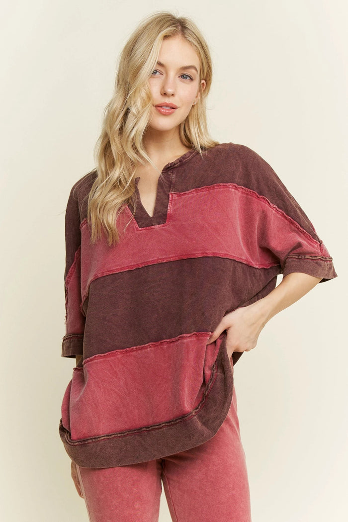 Burgundy Mineral Washed V-Neck Striped Contrast Shirt by J. Her