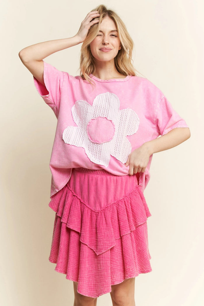 Bubble Gum Mineral Wash Flower Patch Tee by J. Her