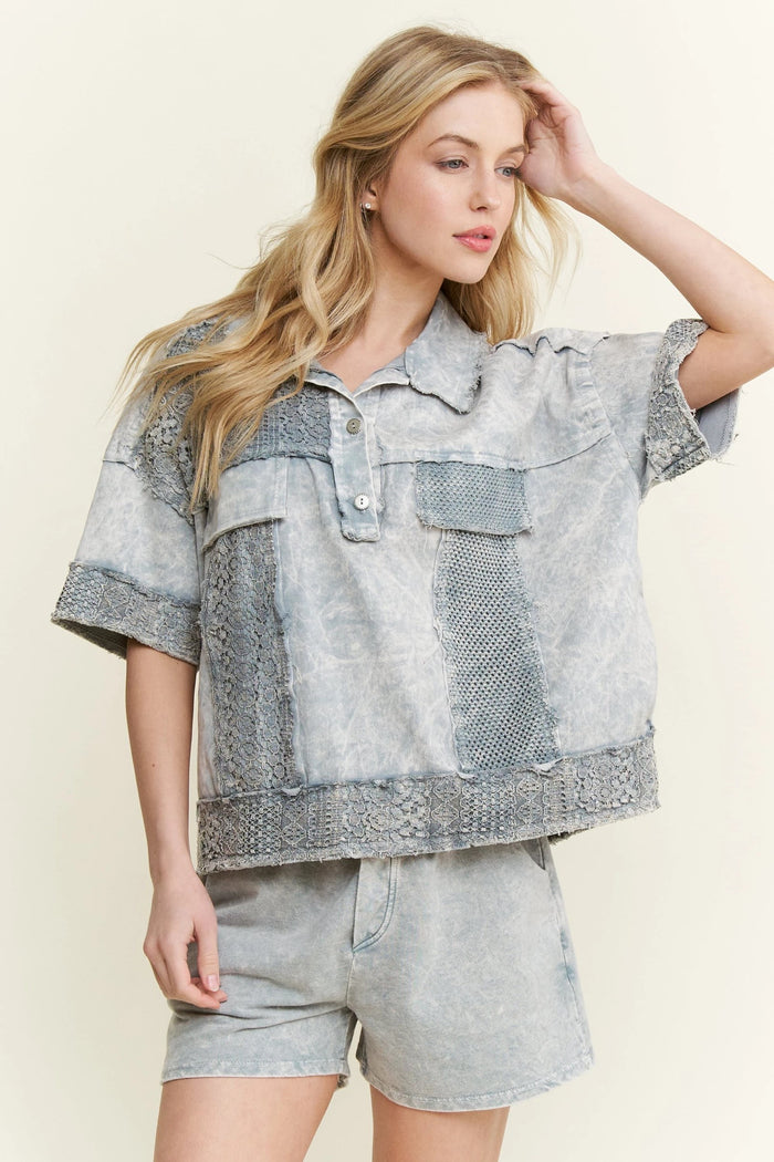 Silver Grey Mineral Washed Lace Mesh Button Collar Blouse by J. Her