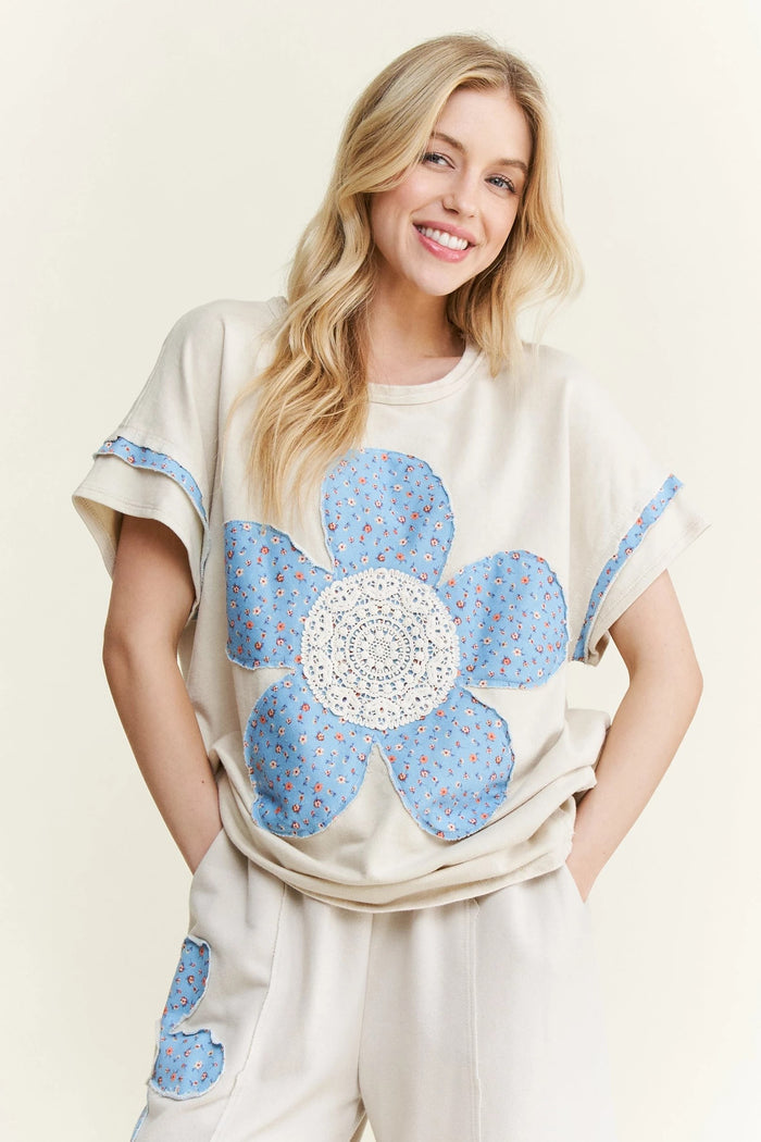 Natural Cotton French Terry Flower Patched Top – by J. Her