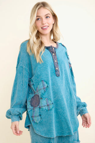 Teal Mineral Washed Flannel Daisy Henley Long Sleeve Top by J. Her