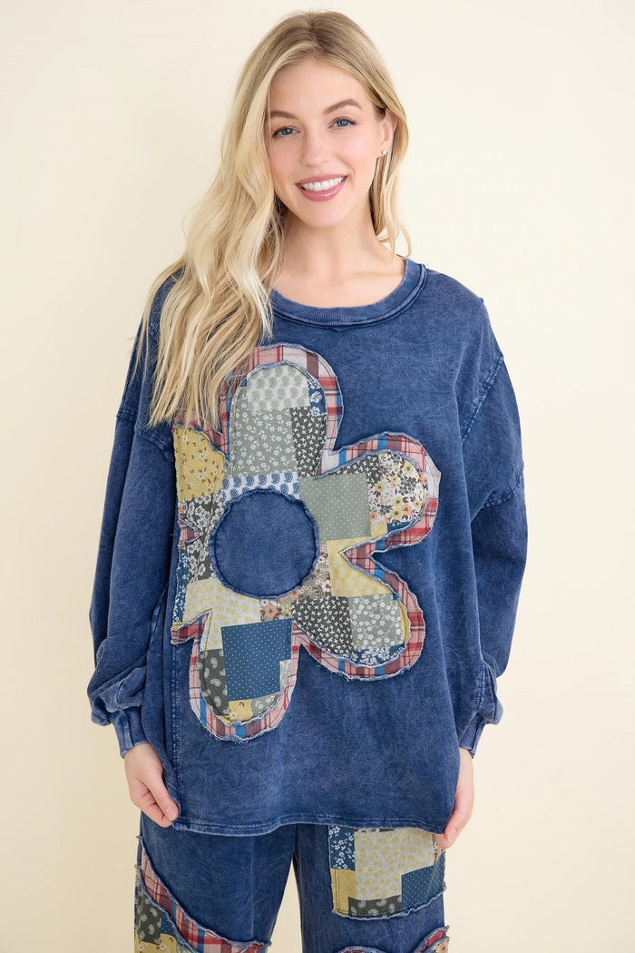 Navy Blue Boho Daisy Patch Long Sleeve French Terry Pullover by J. Her