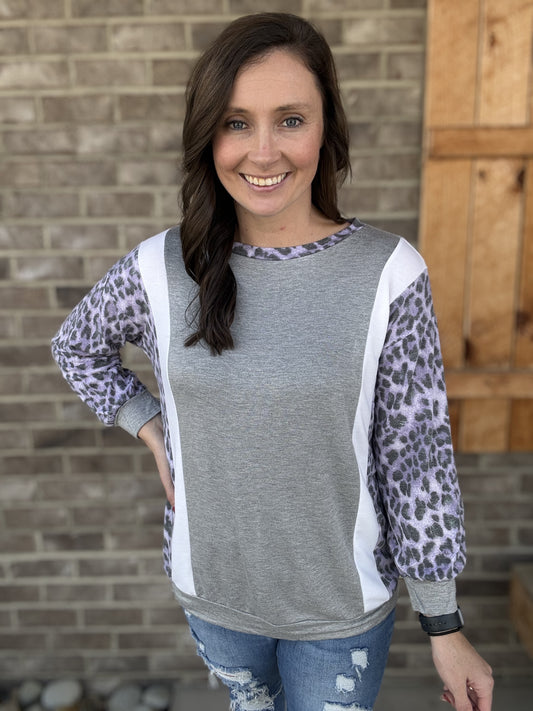 3831- Heather Gray w/ Purple Leopard Long Sleeve Top