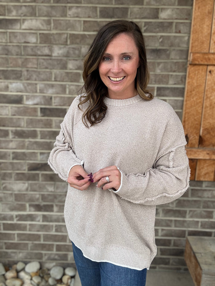 Heather Mocha Exposed Seam Round Neck Sweater by Zenana