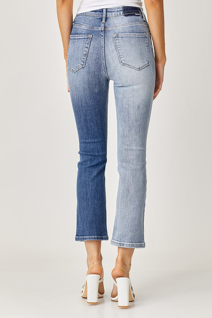 2375- High Rise Crop Straight Two Tone Jeans