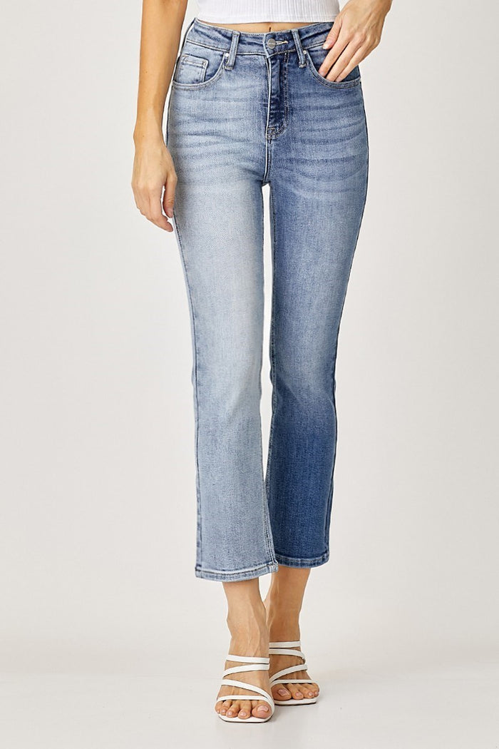 2375- High Rise Crop Straight Two Tone Jeans