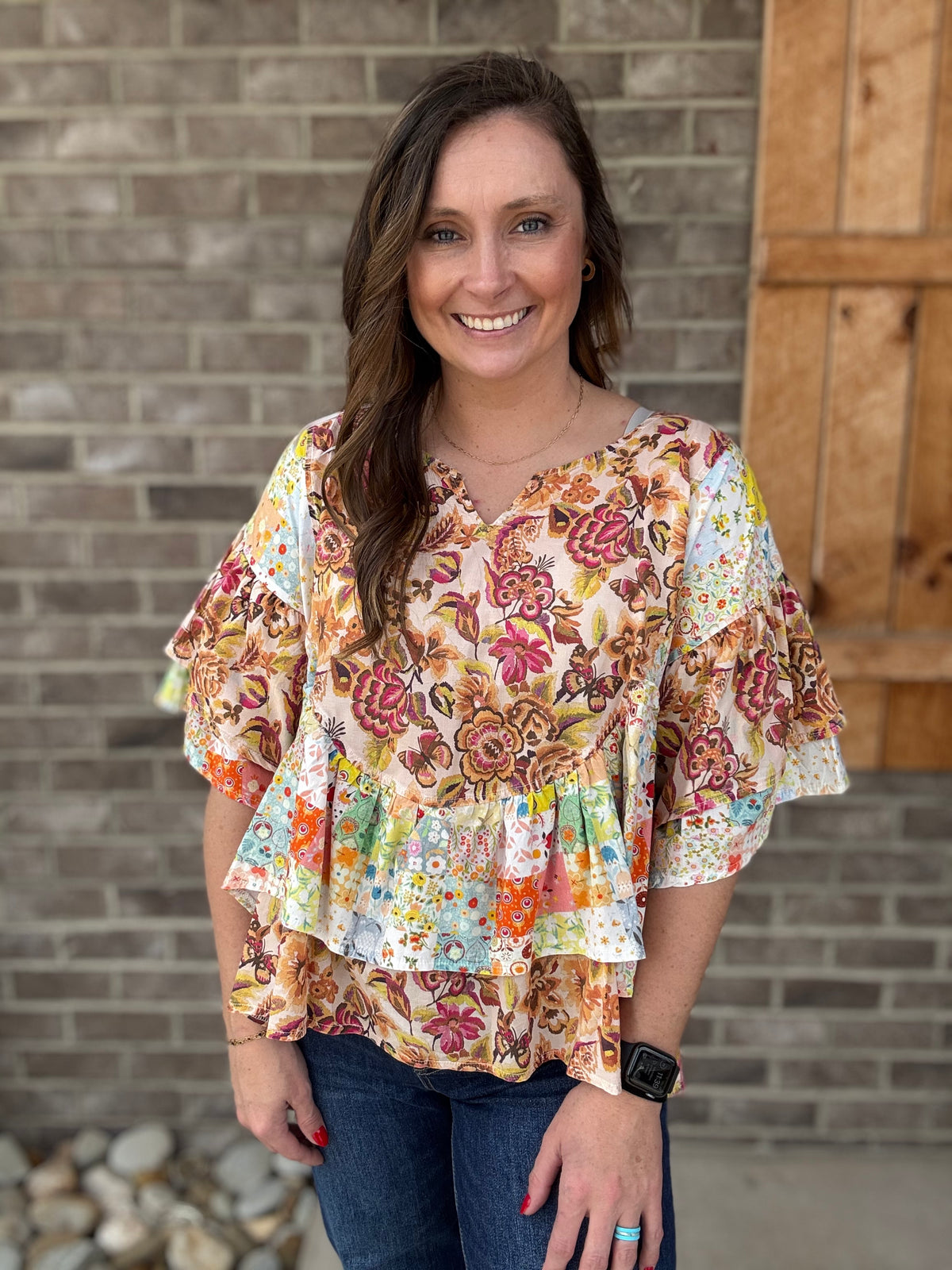 Honey Washed Printed Ruffle Hem Blouse Top by Oli & Hali