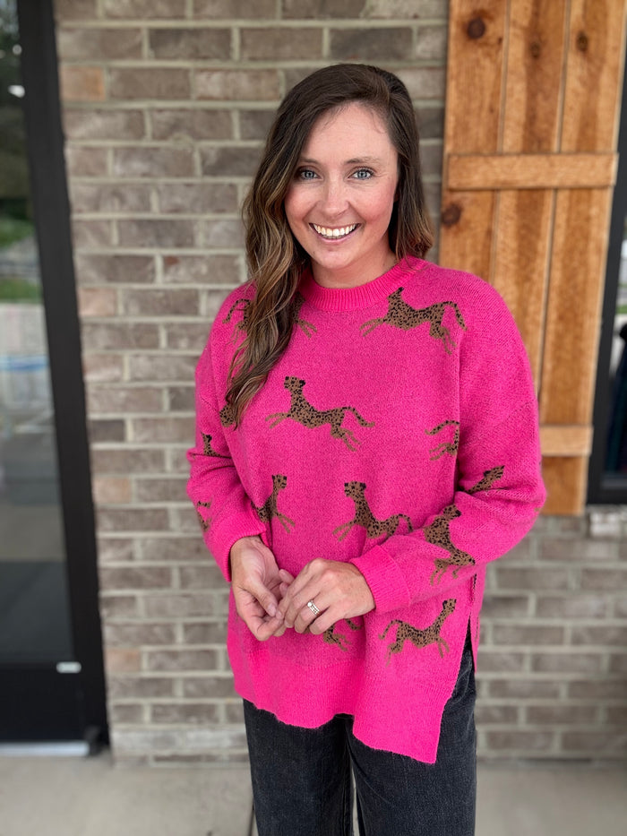 Hot Pink Long Sleeve Cheetah Pattern Knitted Sweater with Side Slits by Easel