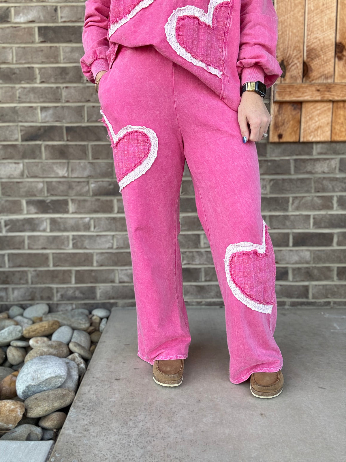 Hot Pink Mineral Wash Valentine’s Heart French Terry Pants by J. Her
