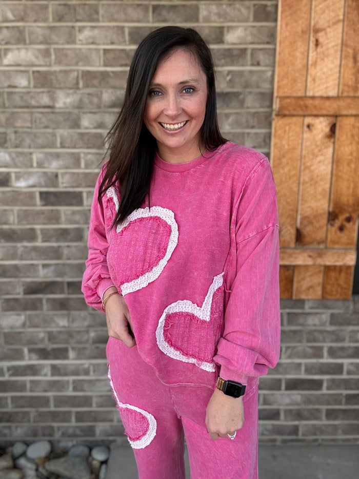 Hot Pink Mineral Wash Valentines Heart French Terry Pullover by J. Her