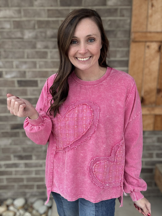 8478- Hot Pink Mineral Washed Double Heart Patch Long Sleeve Top by J. Her