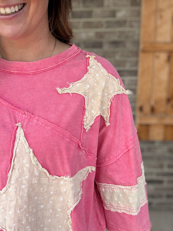 Hot Pink Washed Star Patchwork Short Sleeve Top by Oli & Hali