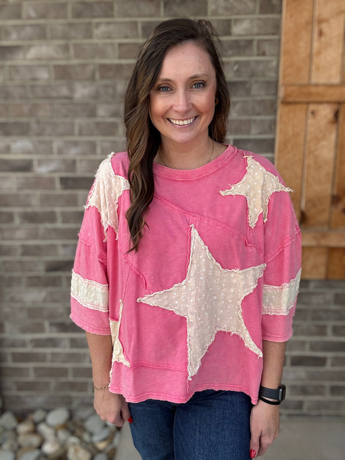 Hot Pink Washed Star Patchwork Short Sleeve Top by Oli & Hali