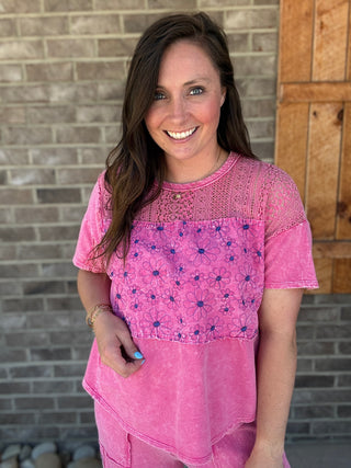 Hot Pink Mineral Washed Lace & Flower Patched Boho Blouse by J. Her
