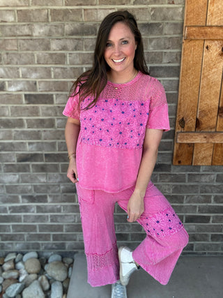 Hot Pink Mineral Washed Lace & Flower Patched Boho Blouse by J. Her