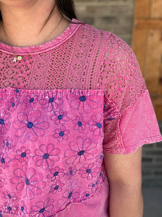 Hot Pink Mineral Washed Lace & Flower Patched Boho Blouse by J. Her