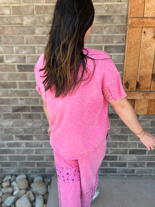 Hot Pink Mineral Washed Lace & Flower Patched Boho Blouse by J. Her