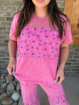 Hot Pink Mineral Washed Lace & Flower Patched Boho Pants by J. Her