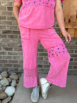 Hot Pink Mineral Washed Lace & Flower Patched Boho Pants by J. Her
