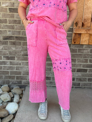 Hot Pink Mineral Washed Lace & Flower Patched Boho Pants by J. Her