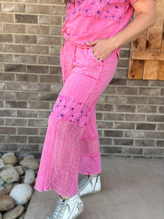 Hot Pink Mineral Washed Lace & Flower Patched Boho Pants by J. Her