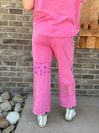 Hot Pink Mineral Washed Lace & Flower Patched Boho Pants by J. Her