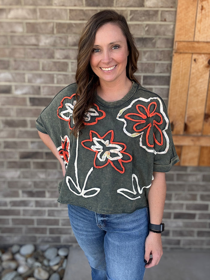 Hunter Green Washed Flower Applique Short Sleeve Knit Top by Oli & Hali