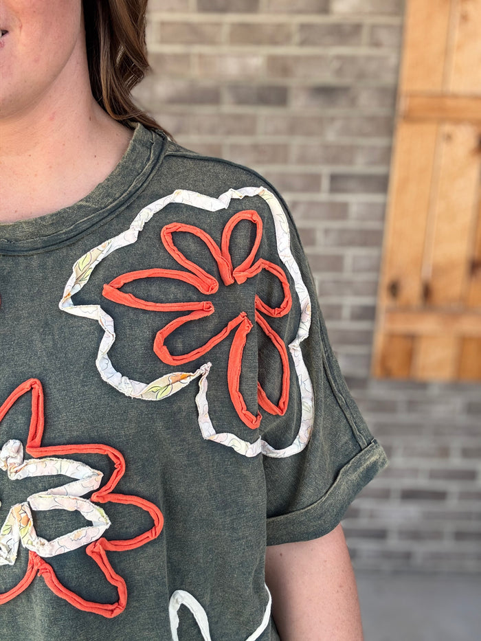 Hunter Green Washed Flower Applique Short Sleeve Knit Top by Oli & Hali