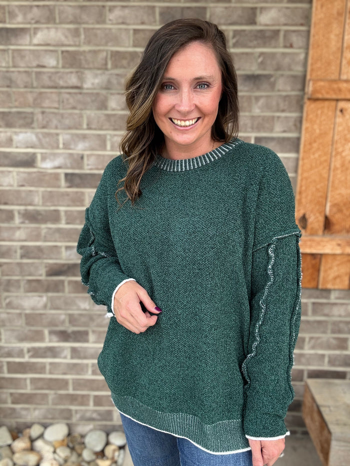 Hunter Green Exposed Seam Round Neck Sweater by Zenana