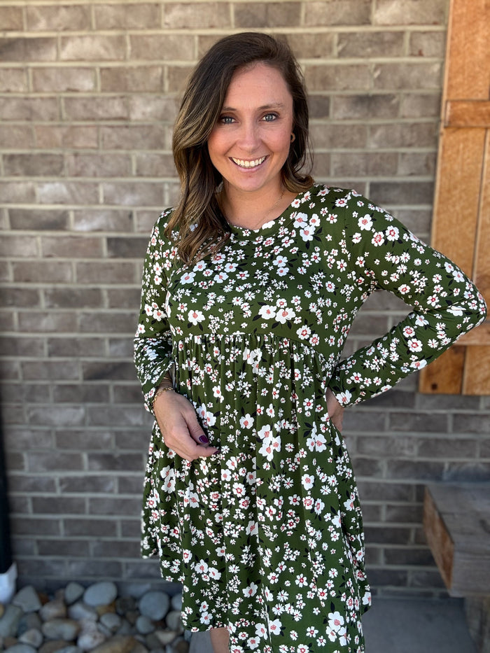 Hunter Green Floral Print Round Neck Babydoll Dress by Haptics