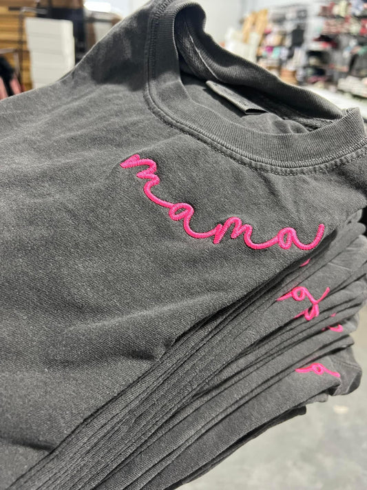 1074- Embroidered Mama Script Graphic Tee