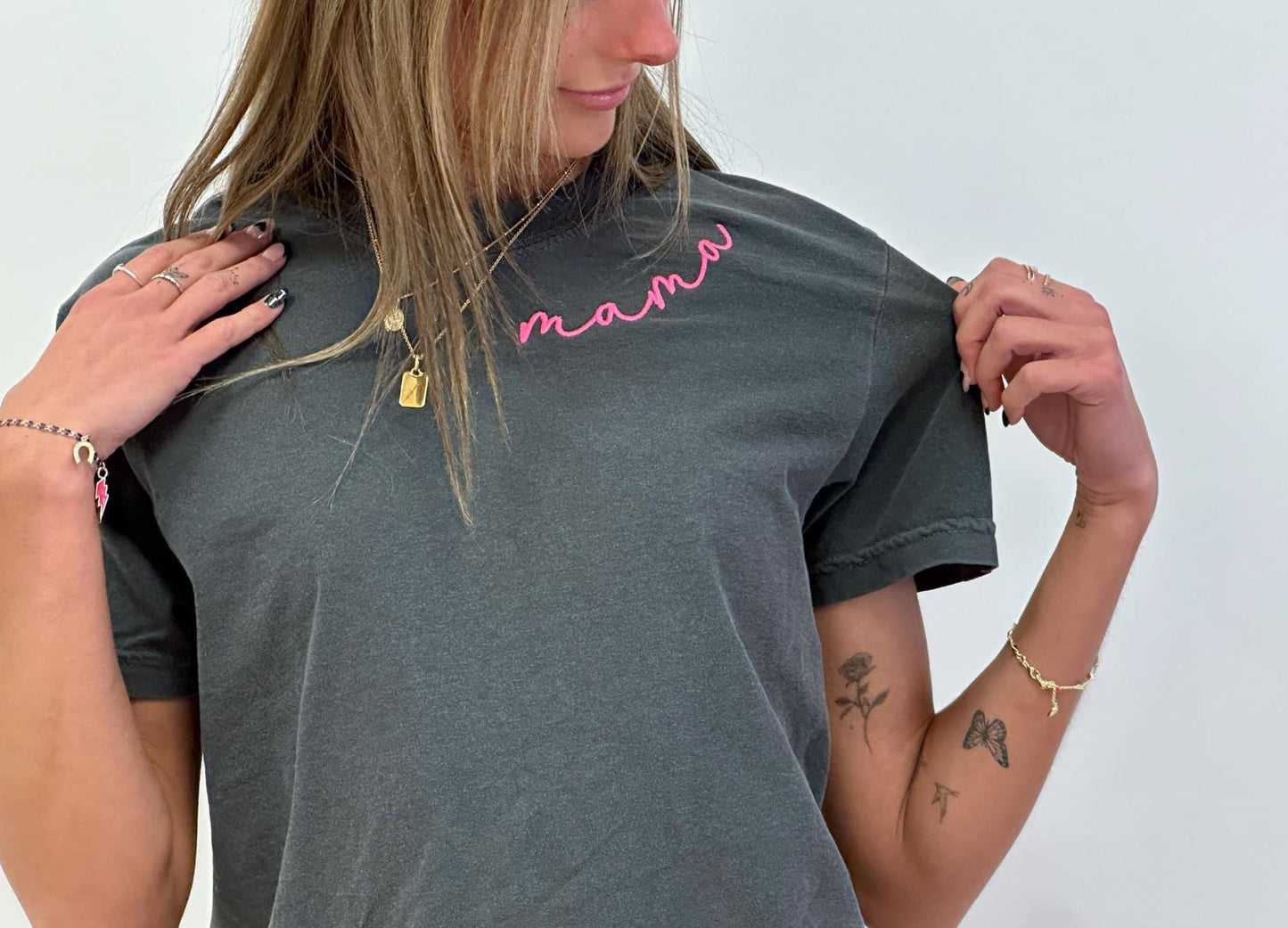 1074- Embroidered Mama Script Graphic Tee