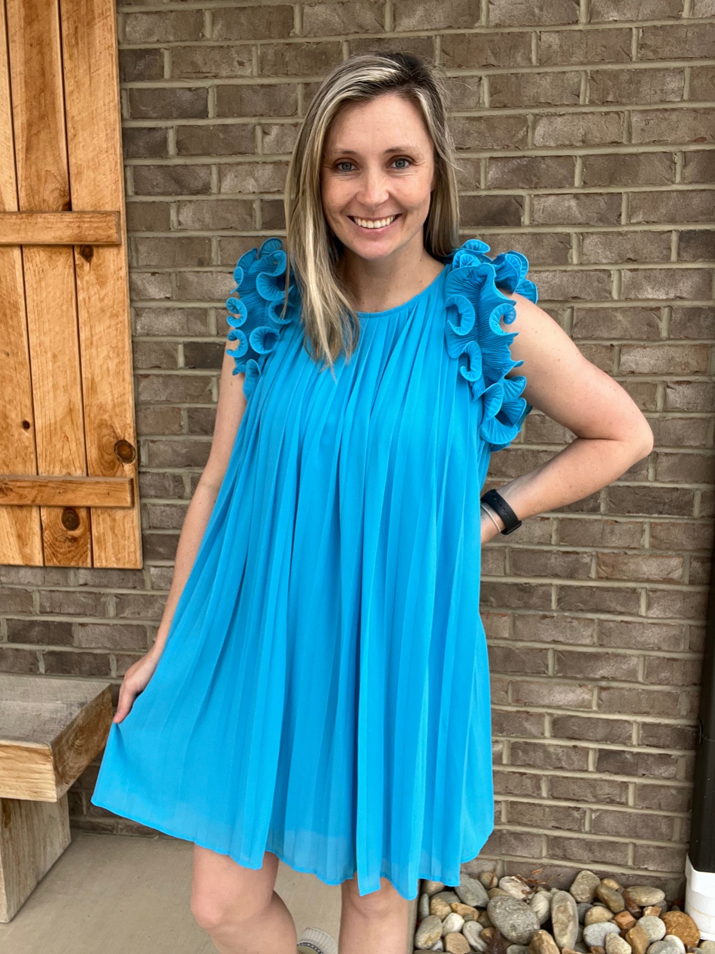 1071- Blue Pleated Scrunchie Dress