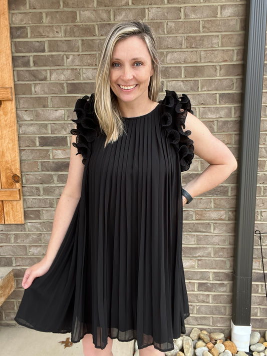 1072- Black  Pleated Scrunchie Dress