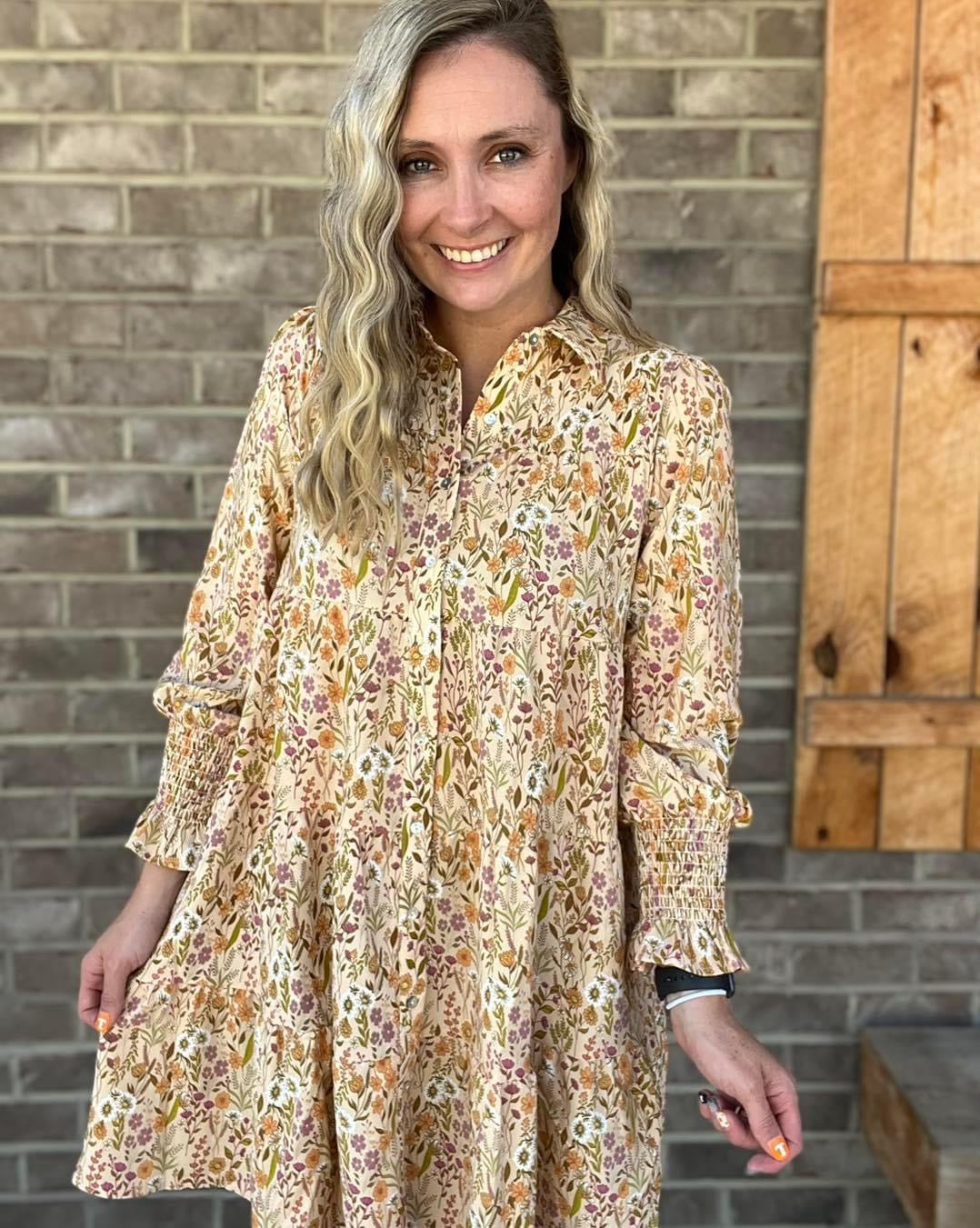 3007- Tan Floral Tier Long Sleeve Dress by Simply Southern