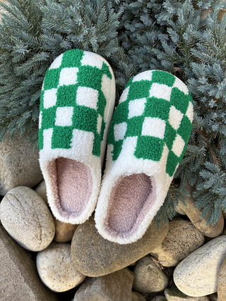 2715- Green & White Checkered House Slippers