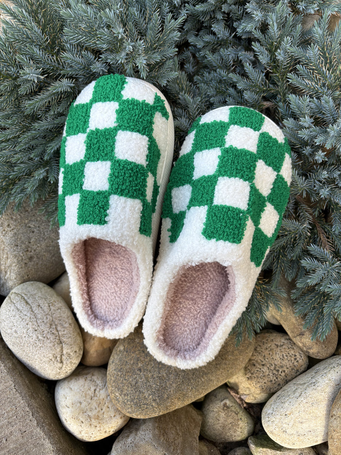 2715- Green & White Checkered House Slippers