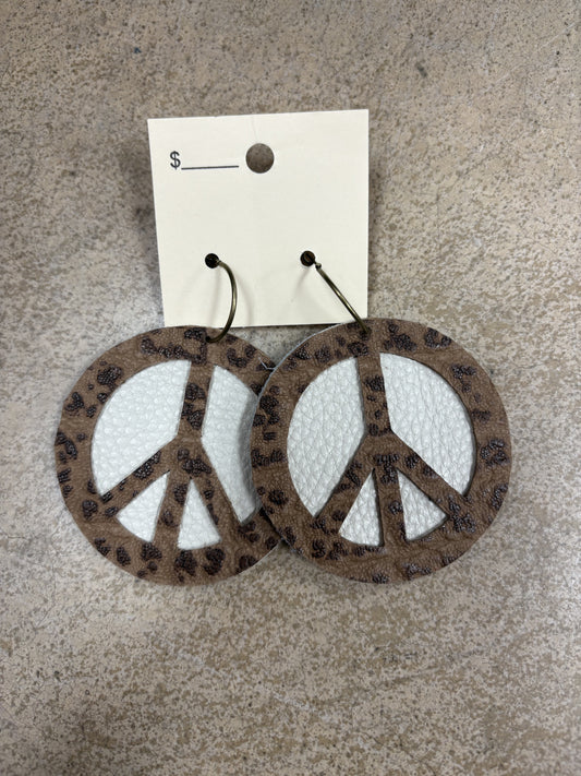 3516- Leopard & Cream Peace Sign Earrings