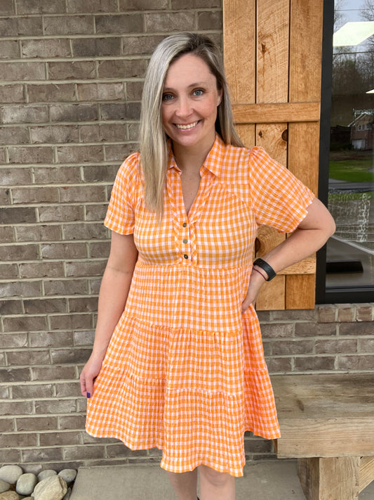 2008- Orange & White Gingham Button Front Short Sleeve Dress *UMGEE*