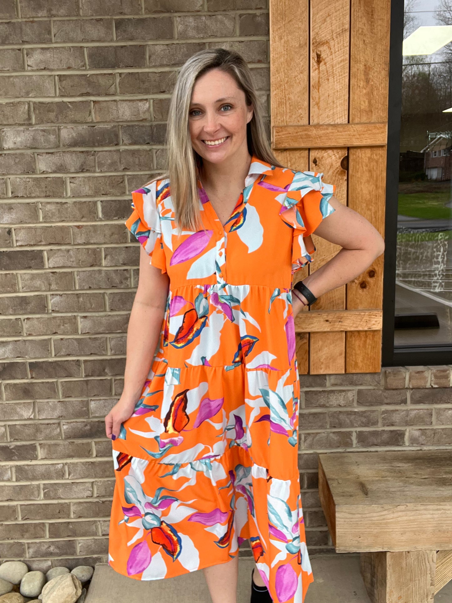 2019- Tangerine Collared Midi Tier Dress