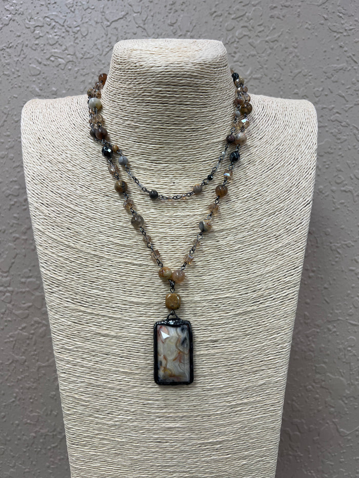 2075- Brown Beaded Layer Necklace w/ Square Pendant