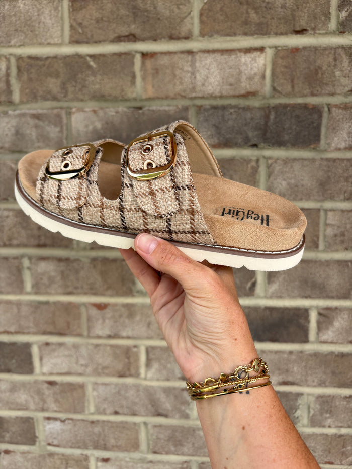 Tan Plaid Feelin Saucy Slip On Sandals by Corkys Footwear