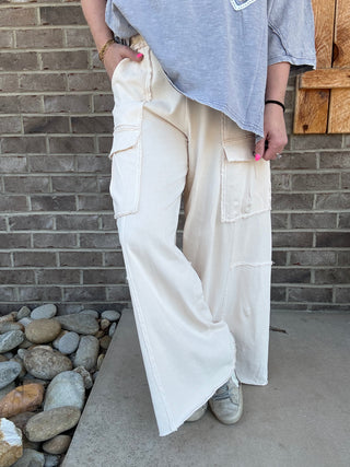 Ecru Oatmeal French Terry Pull On Cargo Pants by Easel