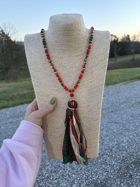 8376- Green & Red Plaid Tassel Necklace