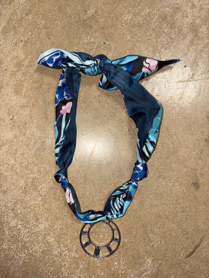 Navy Floral Silk Scarf Necklace with Circle Pendant