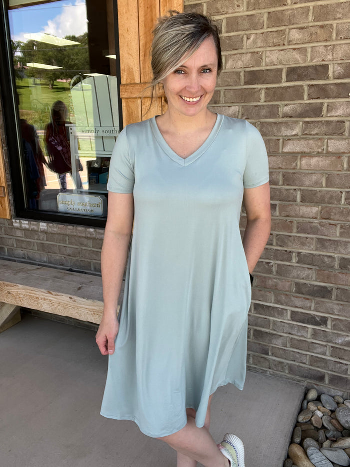 2450- Sage Butter Soft V-Neck Short Sleeve Dress w/ Pockets