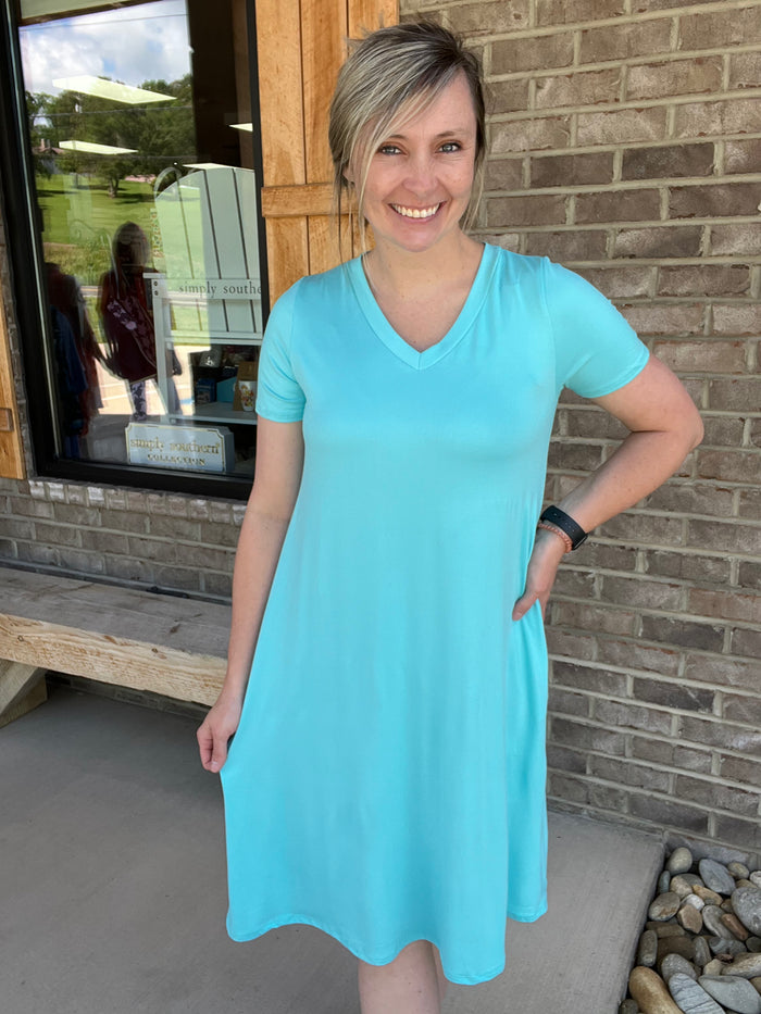 2449- Capri Butter Soft V-Neck Short Sleeve Dress w/ Pockets