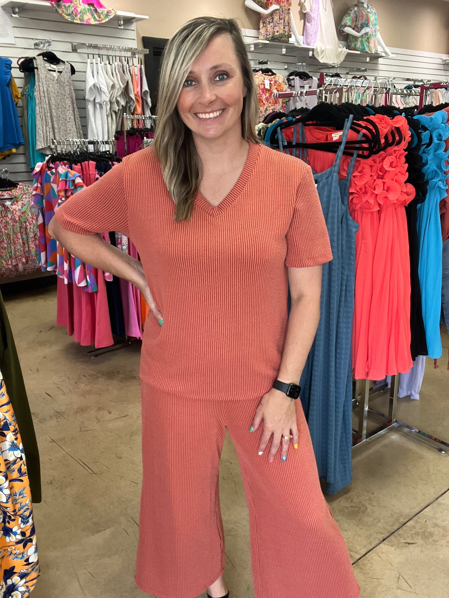 2478- Rust Short Sleeves w/ Crop Pants Ribbed Set