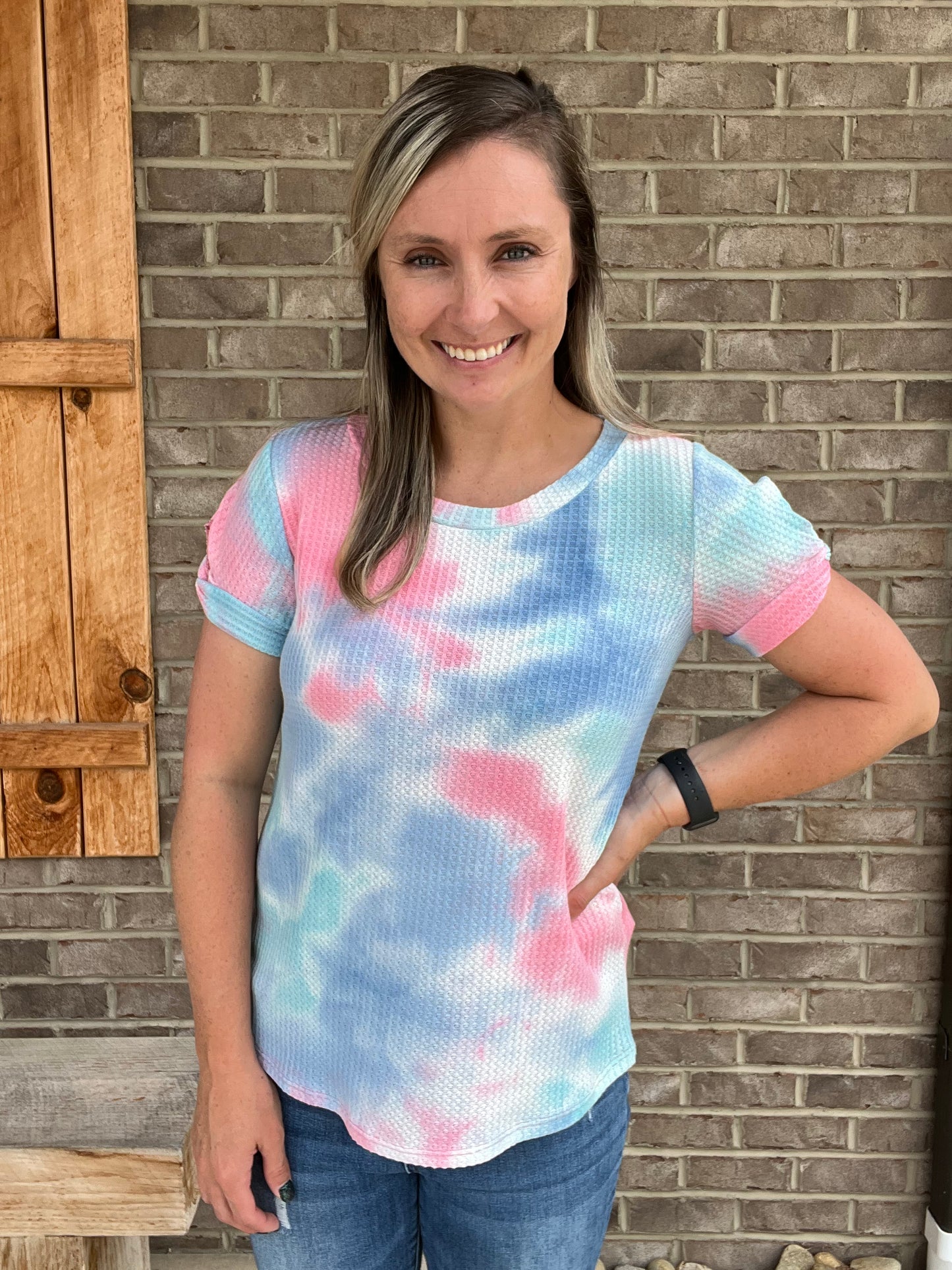 2657- Blue and Pink Tie Dye Waffle Short Sleeve Top